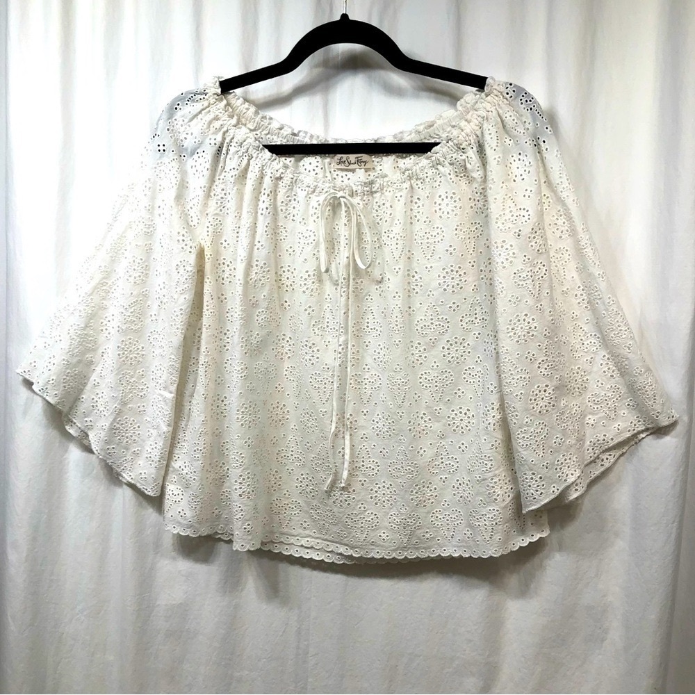 LoveShackFancy Top Size 0 White Eyelet Off Shoulder Tie Front 3/4 Bell Sleeve